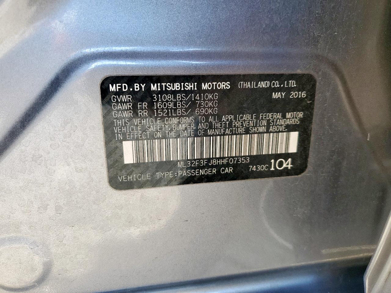 2017 Mitsubishi Mirage G4 Es VIN: ML32F3FJ8HHF07353 Lot: 91988875