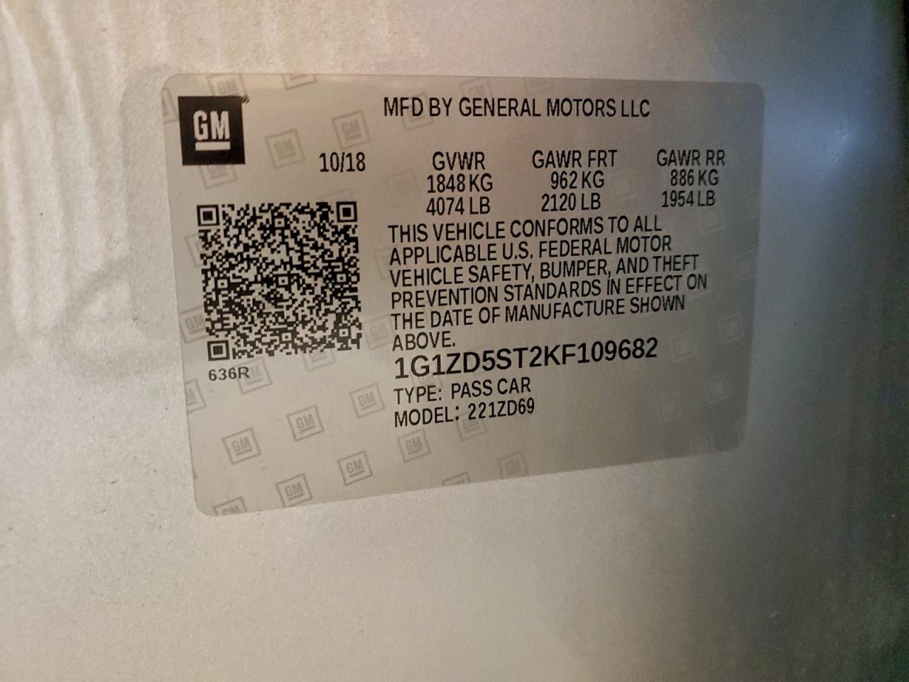 2019 Chevrolet Malibu Lt VIN: 1G1ZD5ST2KF109682 Lot: 94308875