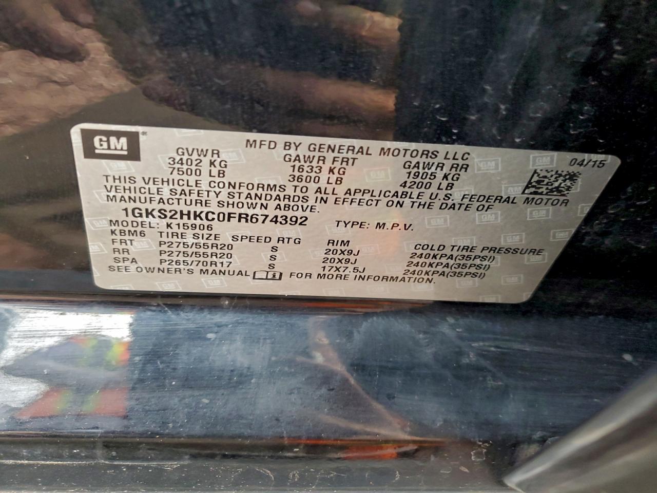 2015 GMC Yukon Xl K1500 Slt VIN: 1GKS2HKC0FR674392 Lot: 94137475