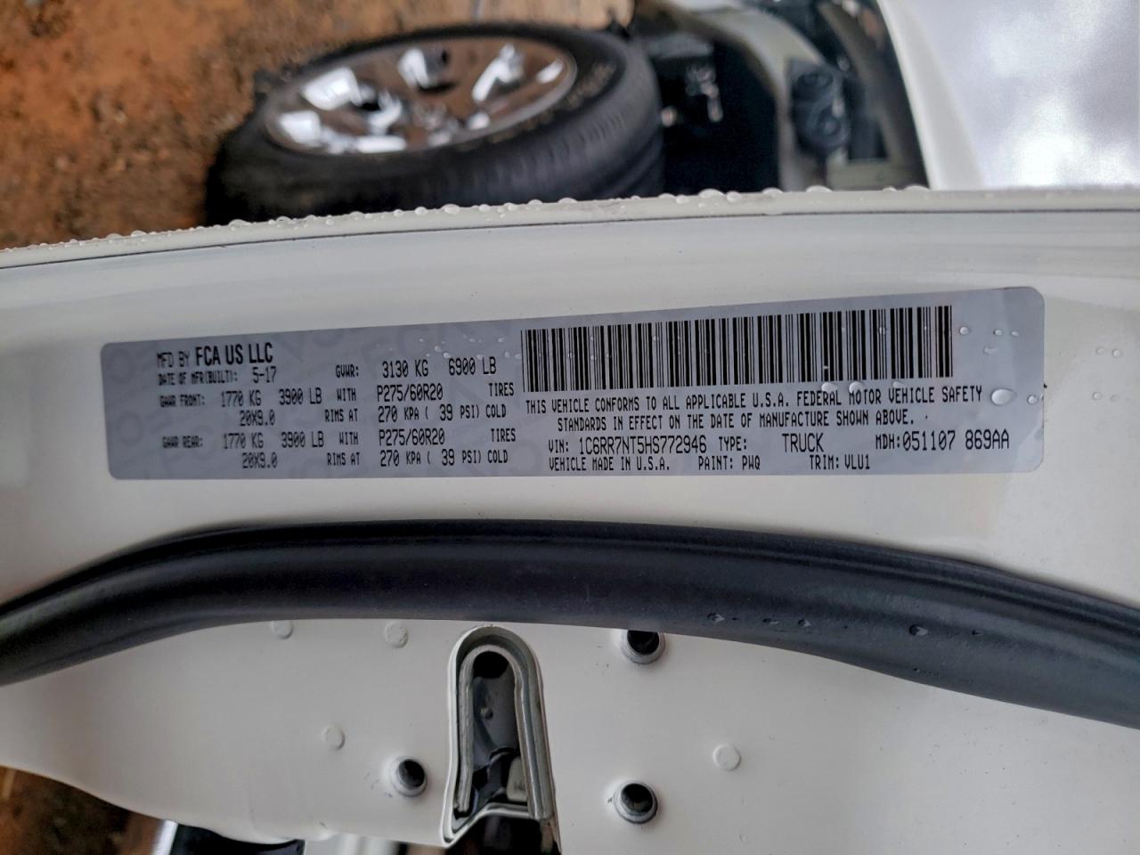 2017 Ram 1500 Laramie VIN: 1C6RR7NT5HS772946 Lot: 93869825