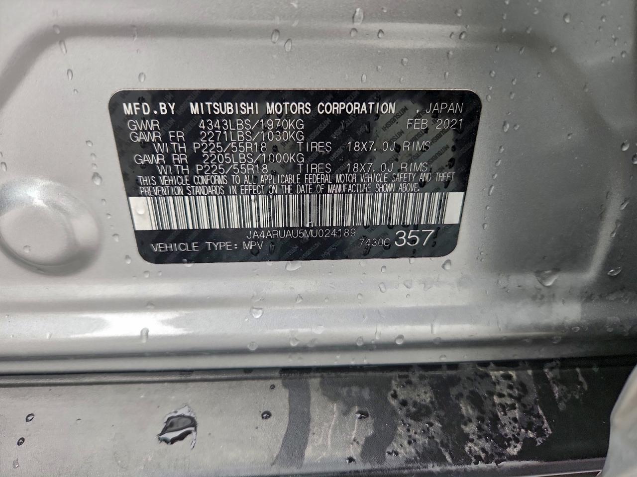 2021 Mitsubishi Outlander Sport Es VIN: JA4ARUAU5MU024189 Lot: 93894595