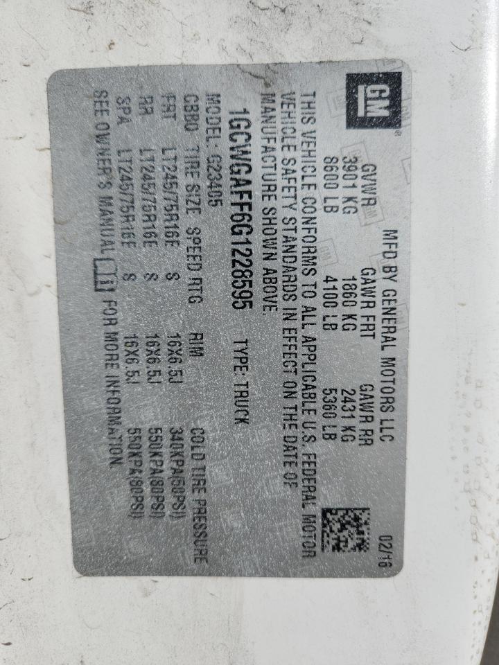 2016 Chevrolet Express G2500 VIN: 1GCWGAFF6G1228595 Lot: 89809285