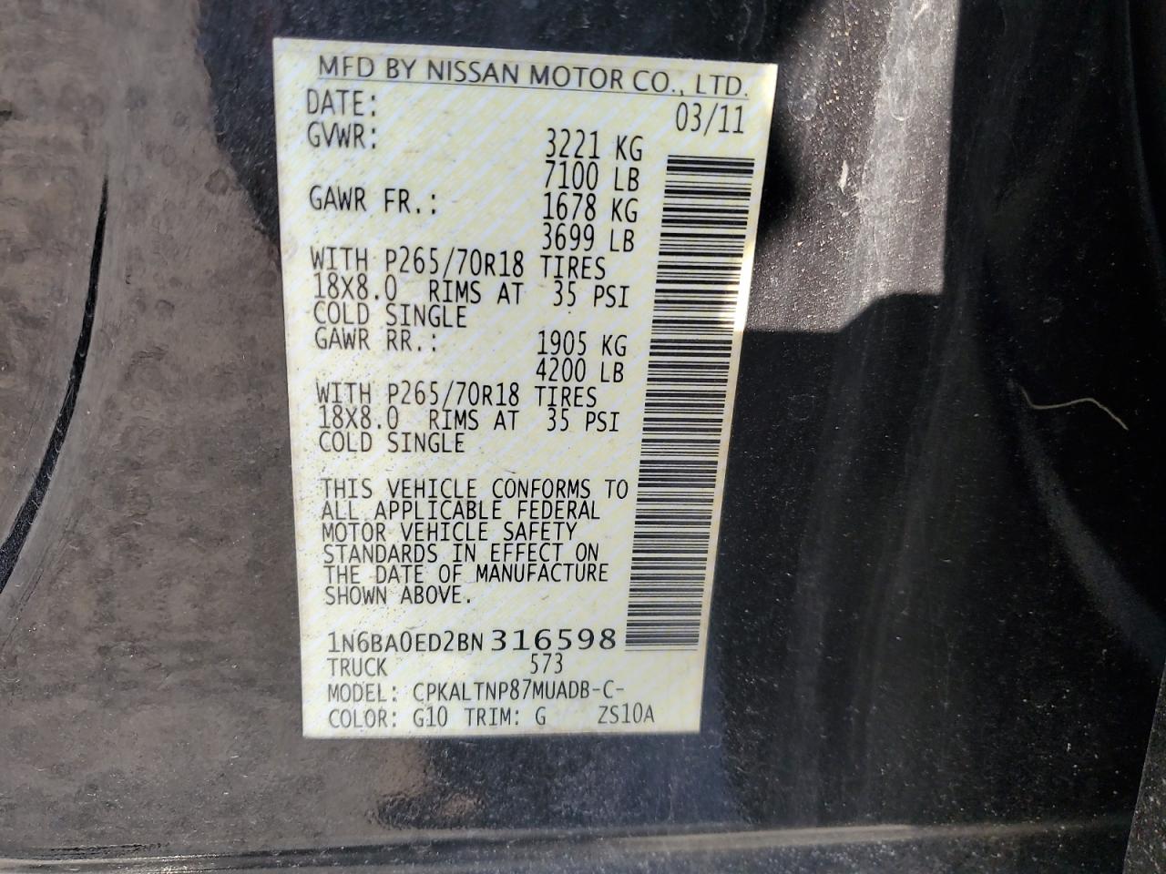 2011 Nissan Titan S VIN: 1N6BA0ED2BN316598 Lot: 92653545