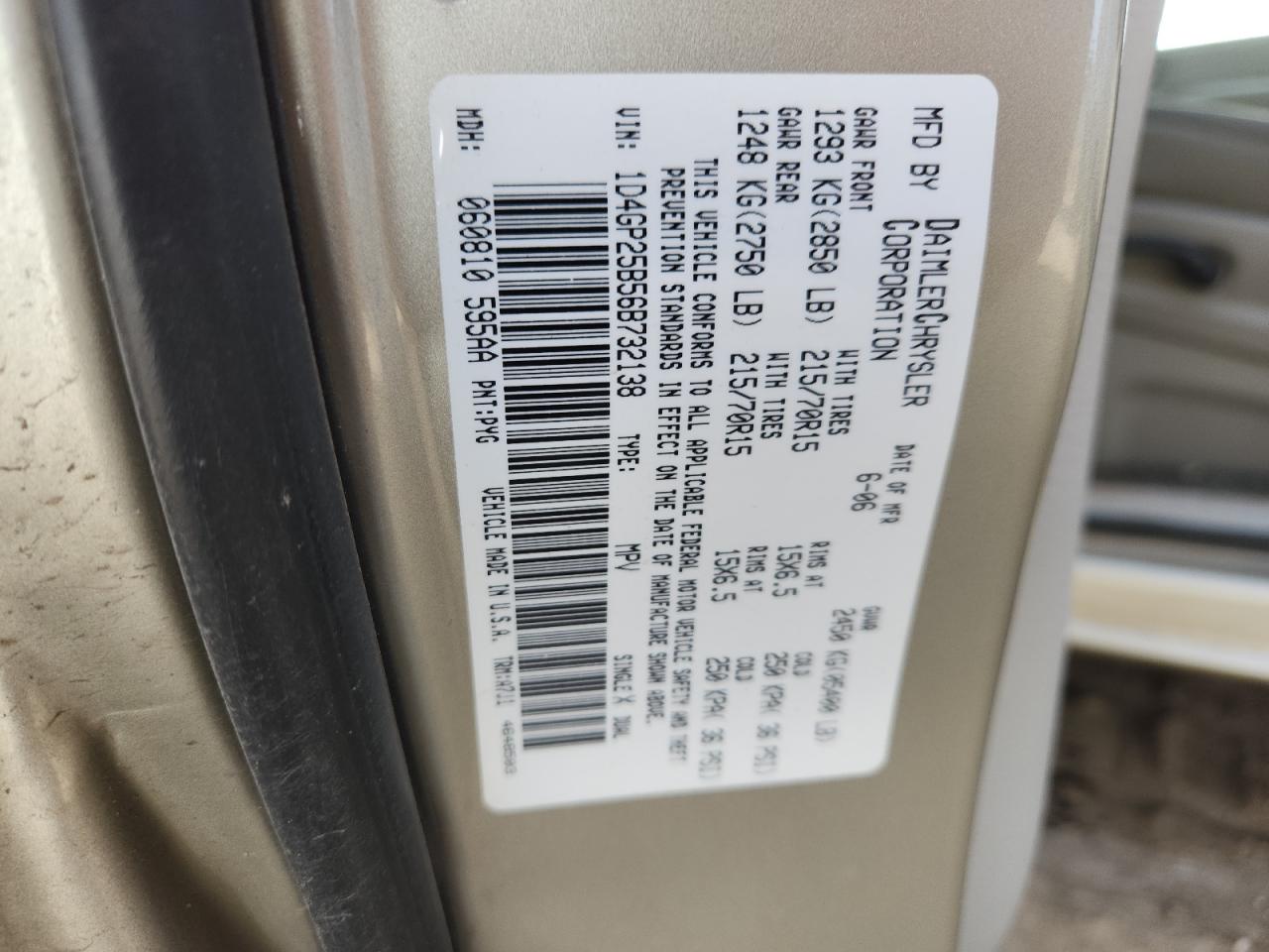 2006 Dodge Caravan Se VIN: 1D4GP25B56B732138 Lot: 92231295