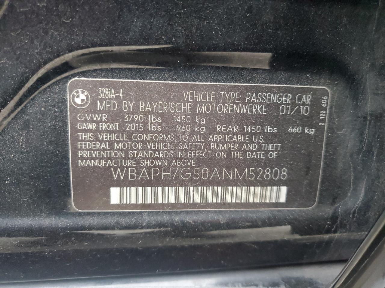 2010 BMW 328 I VIN: WBAPH7G50ANM52808 Lot: 93297885