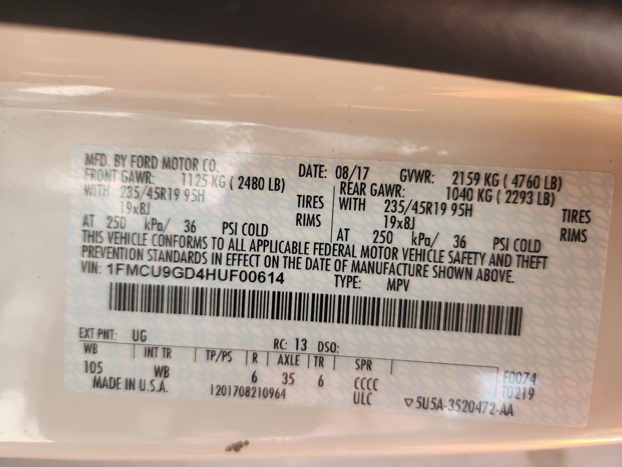 2017 Ford Escape Se VIN: 1FMCU9GD4HUF00614 Lot: 93751365