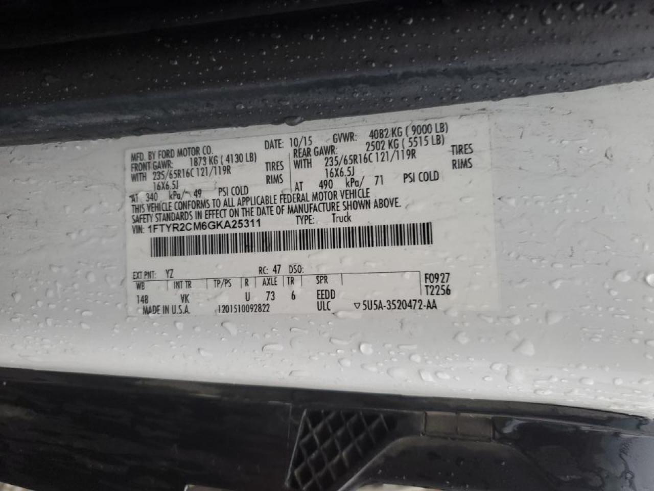 2016 Ford Transit T-250 Delivery Van VIN: 1FTYR2CM6GKA25311 Lot: 92754515