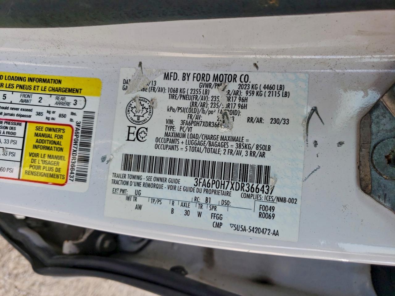 2013 Ford Fusion Se VIN: 3FA6P0H7XDR366437 Lot: 94254245