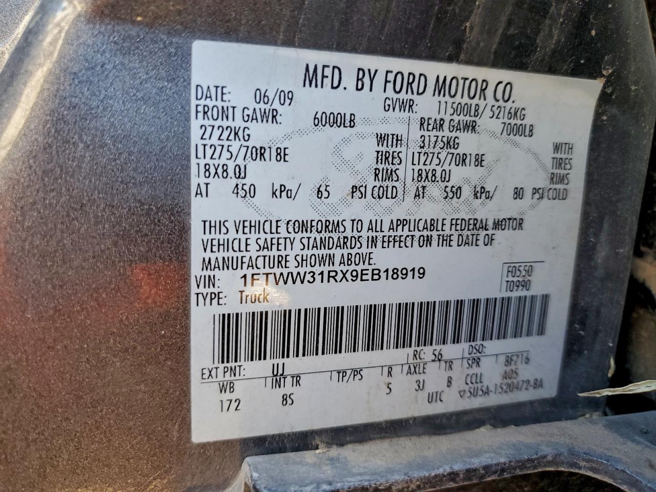 2009 Ford F350 Super Duty VIN: 1FTWW31RX9EB18919 Lot: 94227795