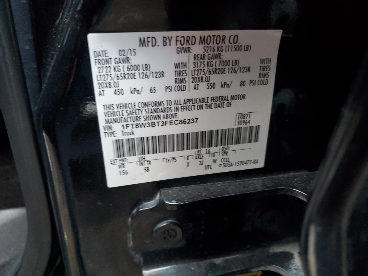 2015 Ford F350 Super Duty VIN: 1FT8W3BT3FEC86237 Lot: 91089465