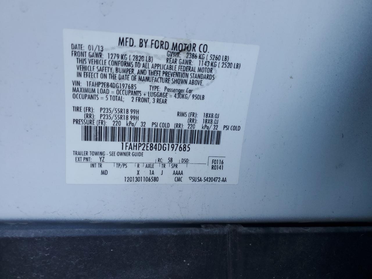 2013 Ford Taurus Sel VIN: 1FAHP2E84DG197685 Lot: 92237105