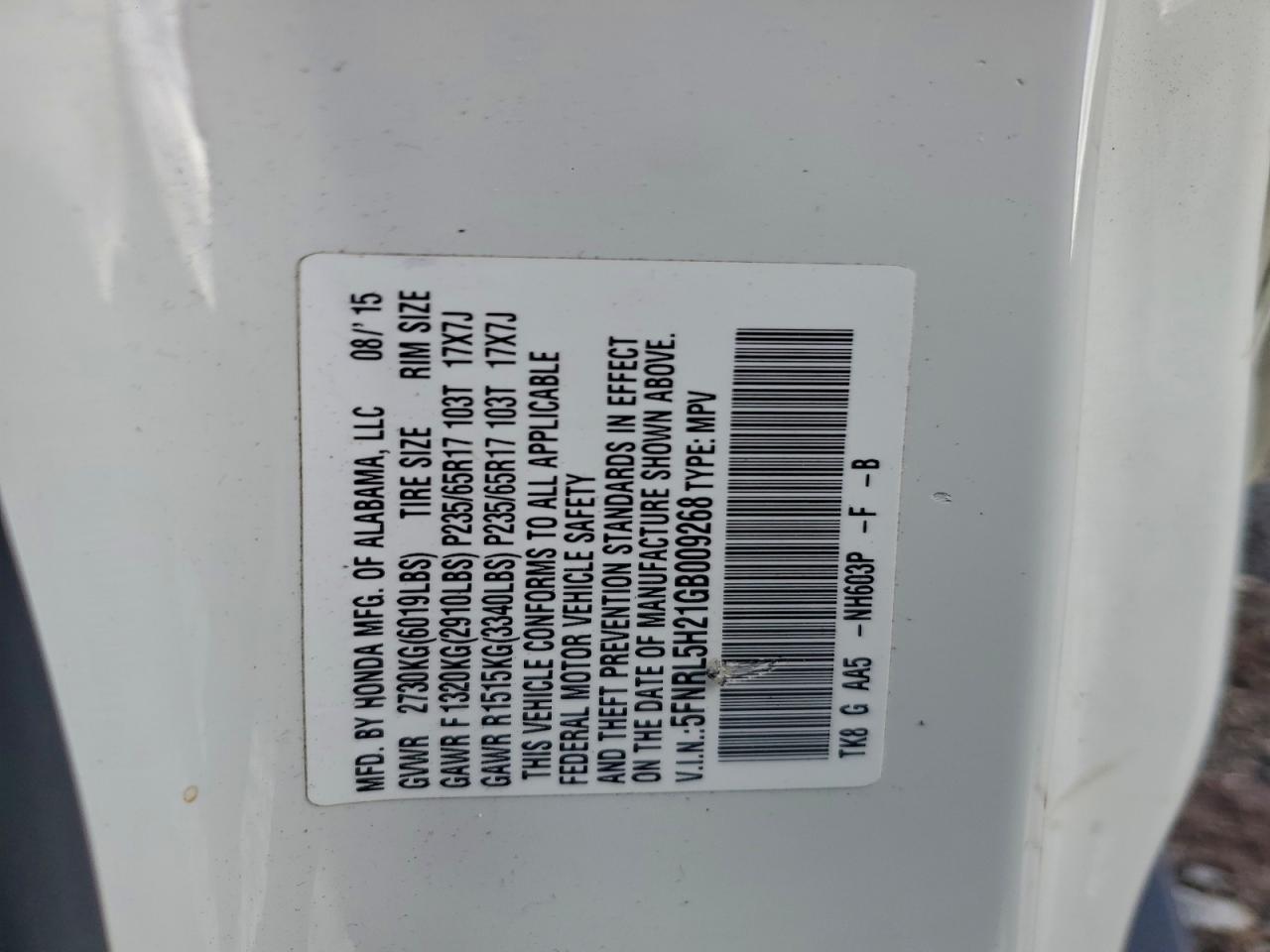 2016 Honda Odyssey Lx VIN: 5FNRL5H21GB009268 Lot: 94491055