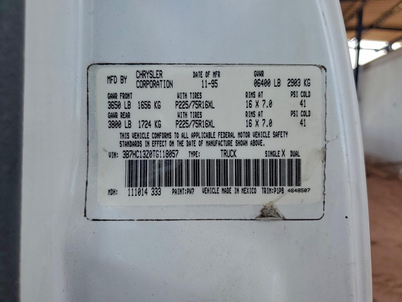 1996 Dodge Ram 1500 VIN: 3B7HC13Z0TG118057 Lot: 94174275