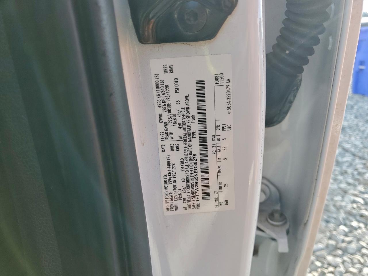 2022 Ford F250 Super Duty VIN: 1FT7W2B65NEG38278 Lot: 94349665