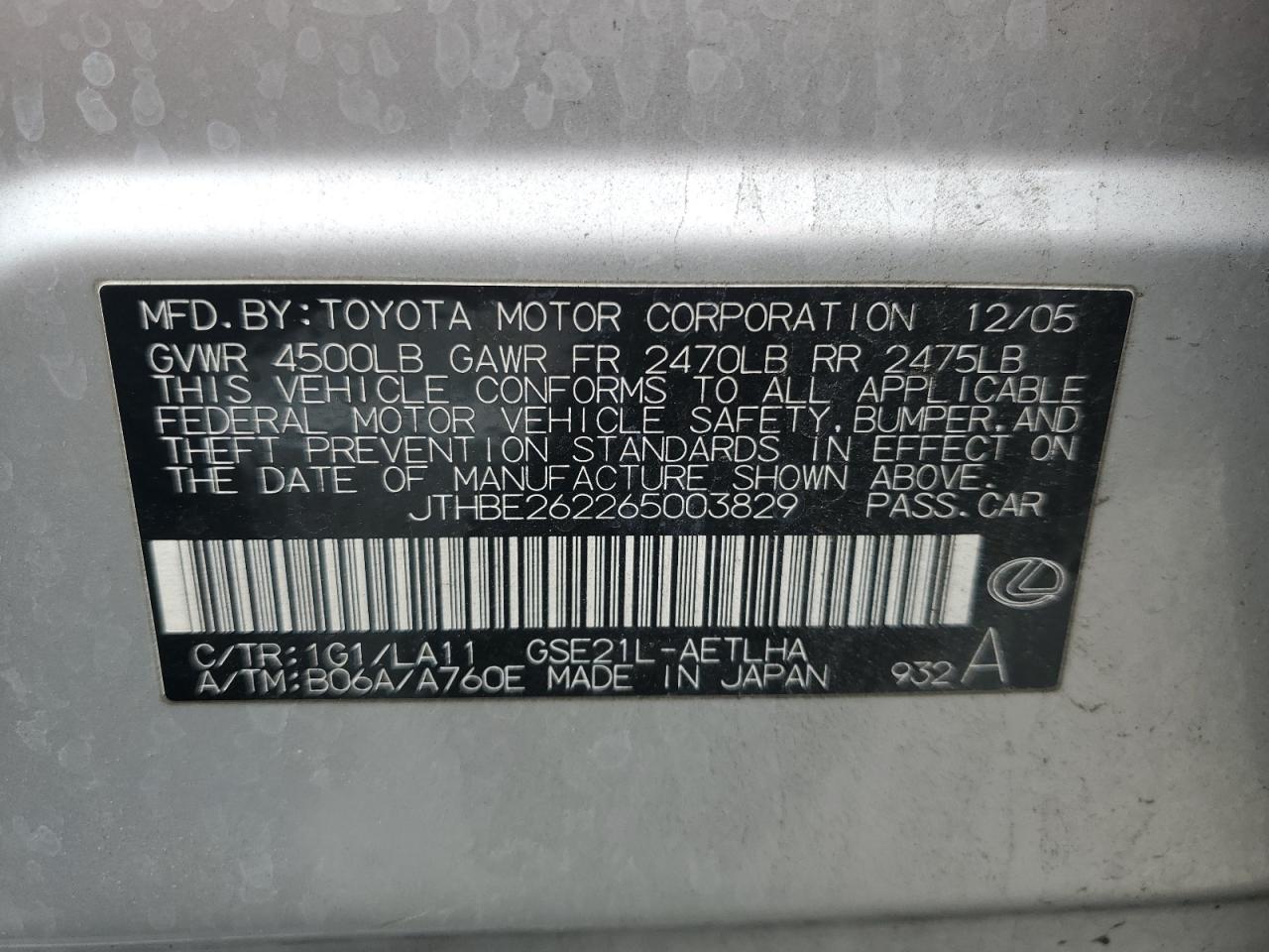 2006 Lexus Is 350 VIN: JTHBE262265003829 Lot: 92951855