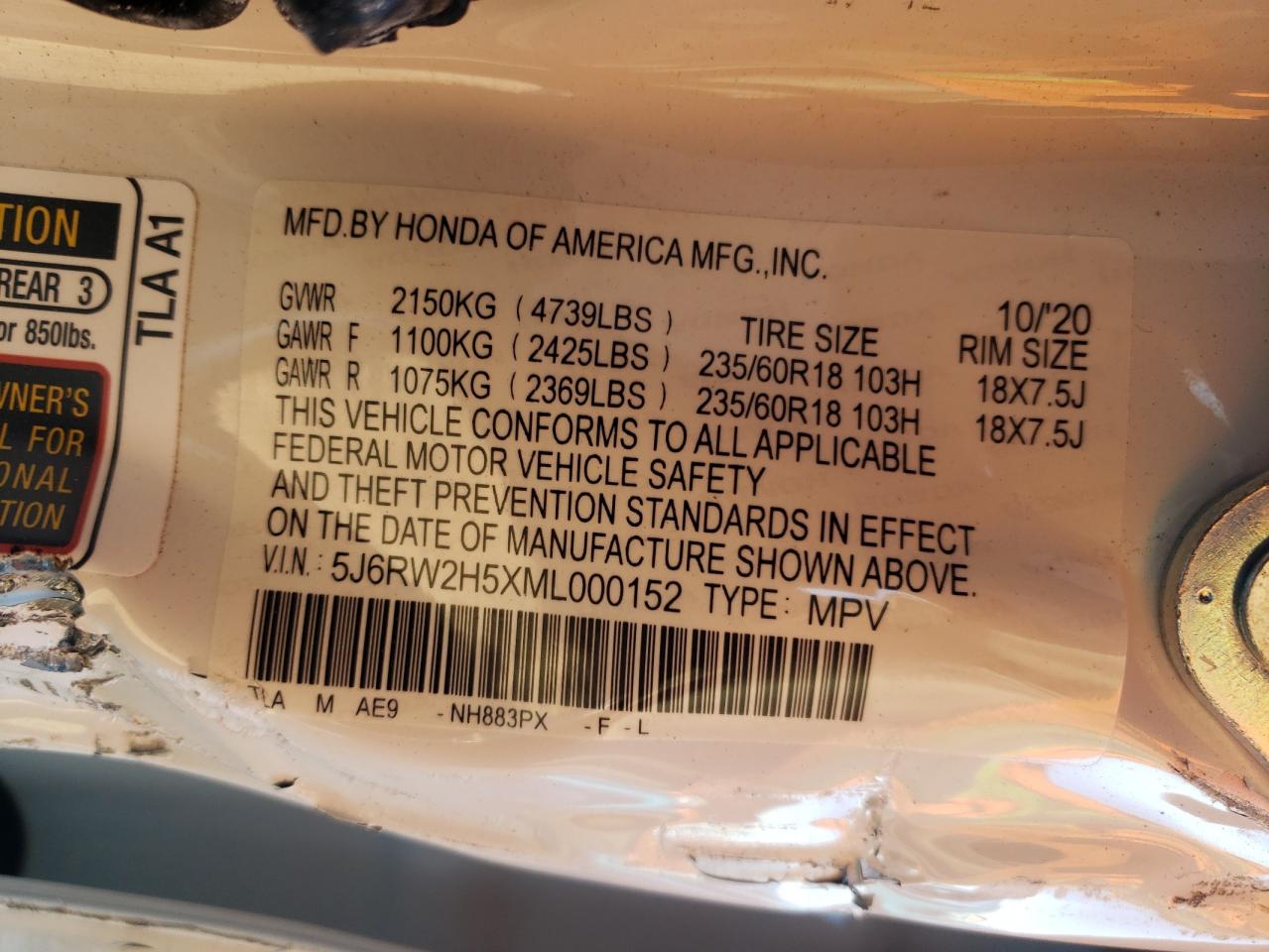 2021 Honda Cr-V Ex VIN: 5J6RW2H5XML000152 Lot: 92053655