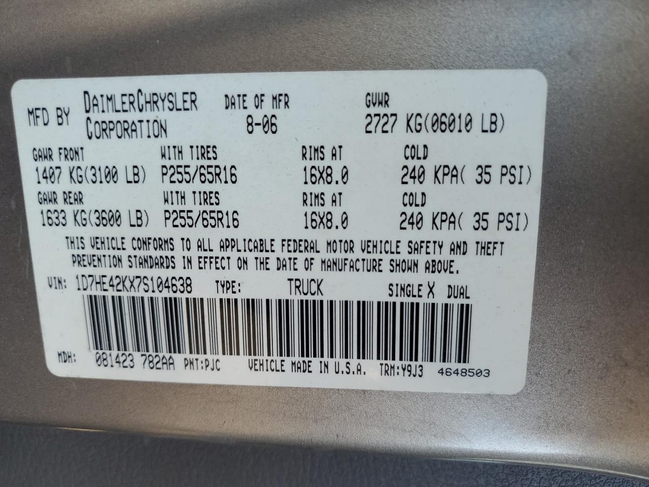 2007 Dodge Dakota Slt VIN: 1D7HE42KX7S104638 Lot: 92568755