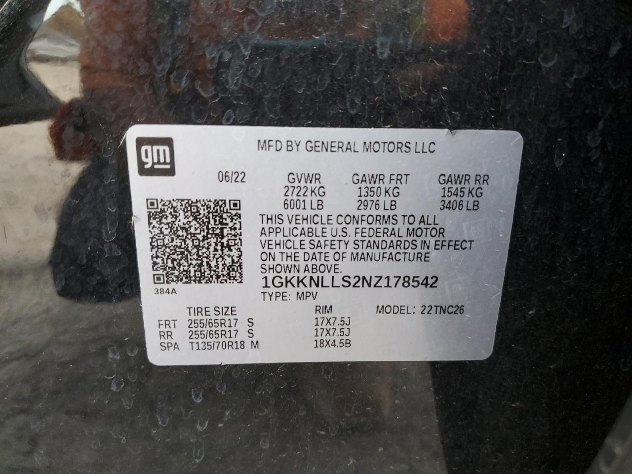 2022 GMC Acadia At4 VIN: 1GKKNLLS2NZ178542 Lot: 91000055