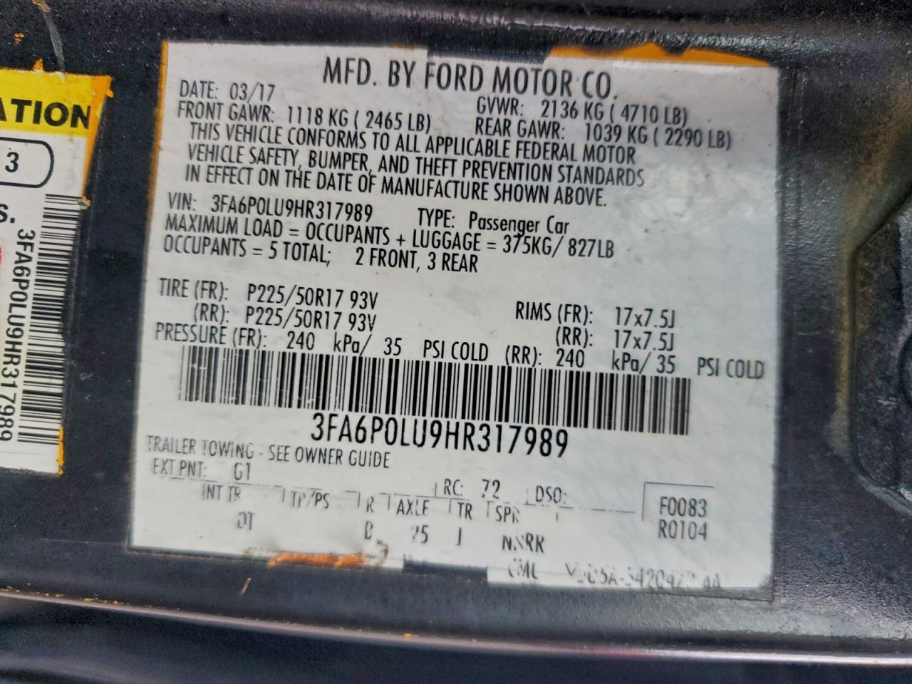 2017 Ford Fusion Se Hybrid VIN: 3FA6P0LU9HR317989 Lot: 94449025