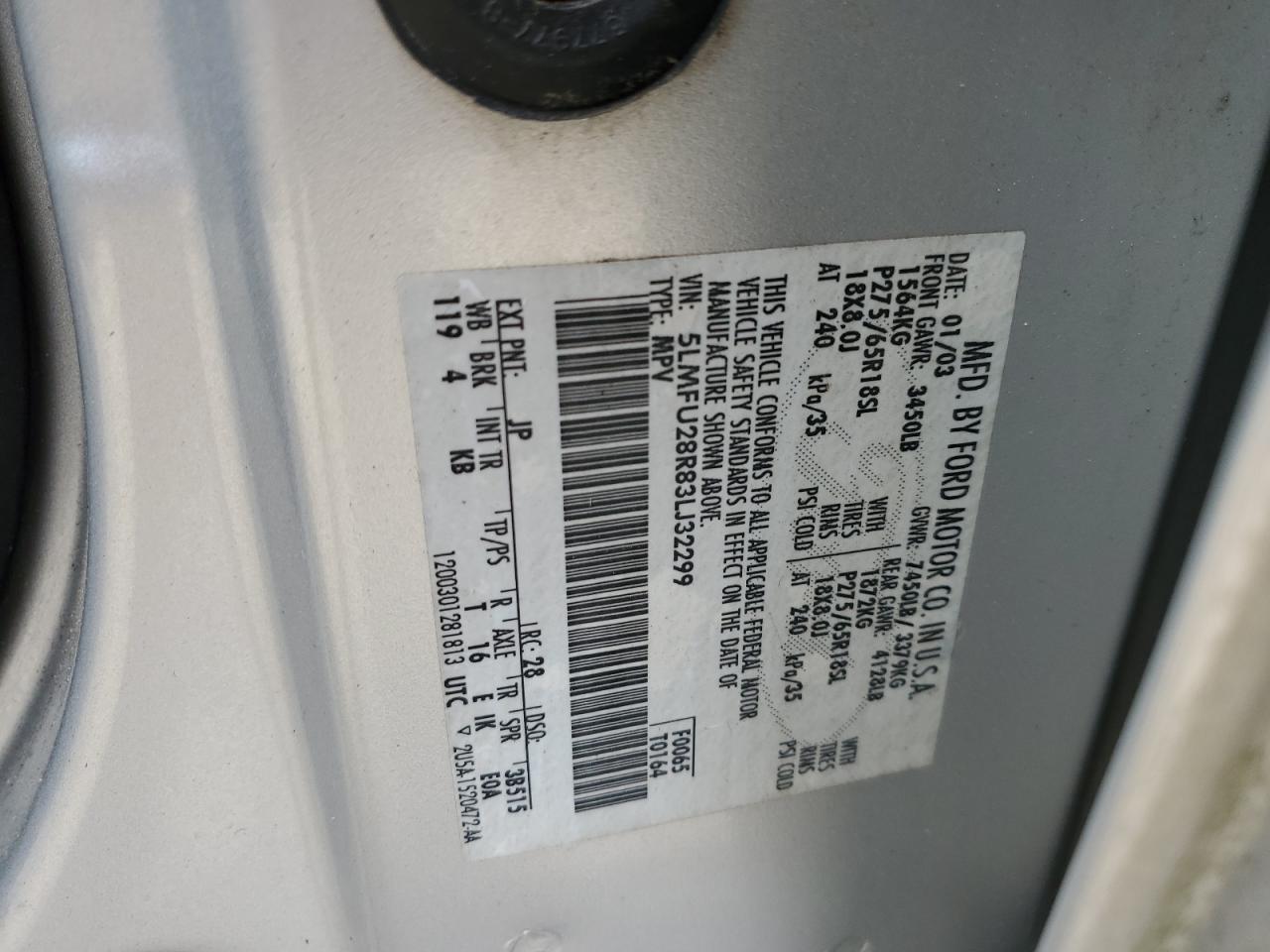 2003 Lincoln Navigator VIN: 5LMFU28R83LJ32299 Lot: 93081465