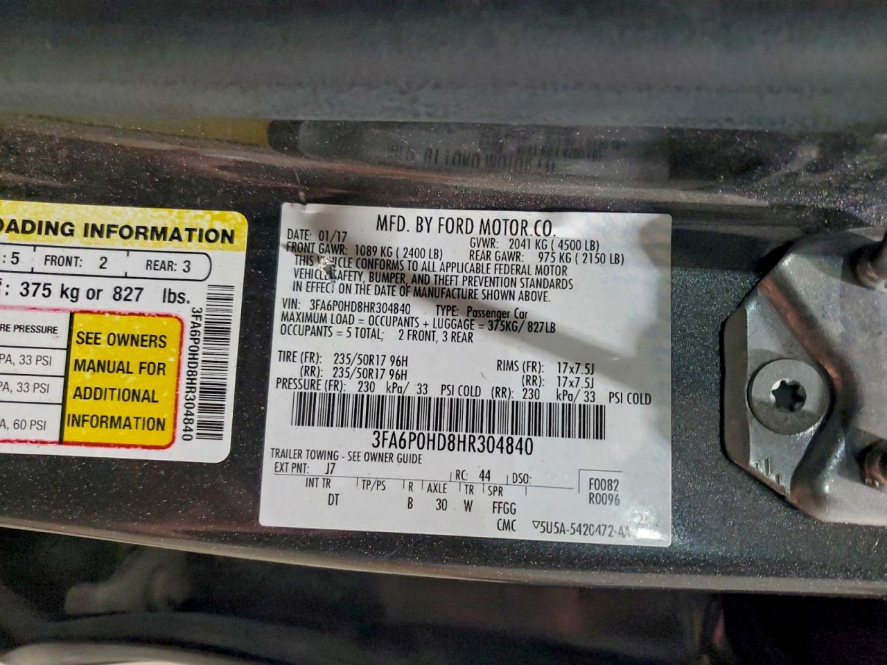 2017 Ford Fusion Se VIN: 3FA6P0HD8HR304840 Lot: 94181605