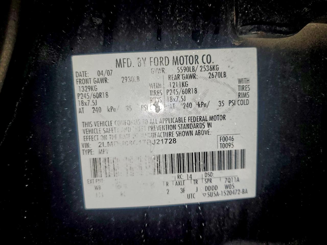 2007 Lincoln Mkx VIN: 2LMDU88C17BJ21728 Lot: 93661965