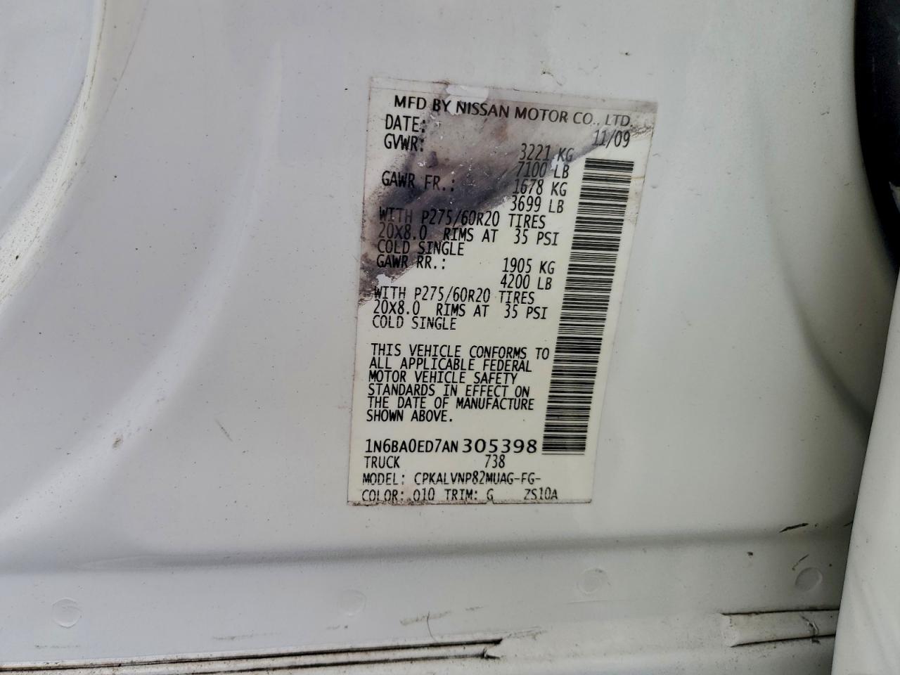 2010 Nissan Titan Xe VIN: 1N6BA0ED7AN305398 Lot: 94078225