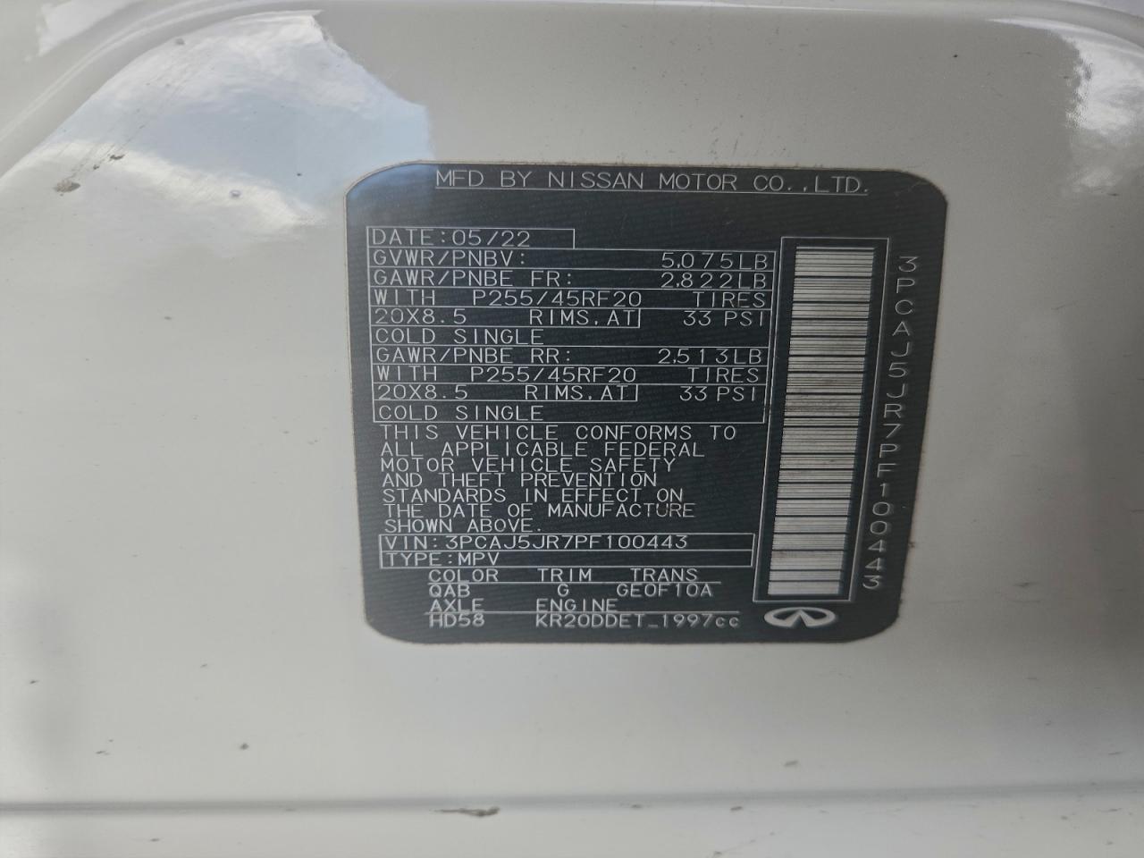 2023 Infiniti Qx55 Luxe VIN: 3PCAJ5JR7PF100443 Lot: 94296665