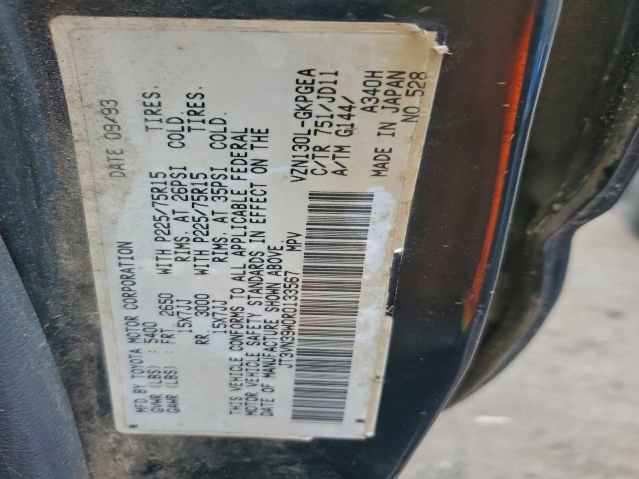 1994 Toyota 4Runner Vn39 Sr5 VIN: JT3VN39W0R0133567 Lot: 94342205