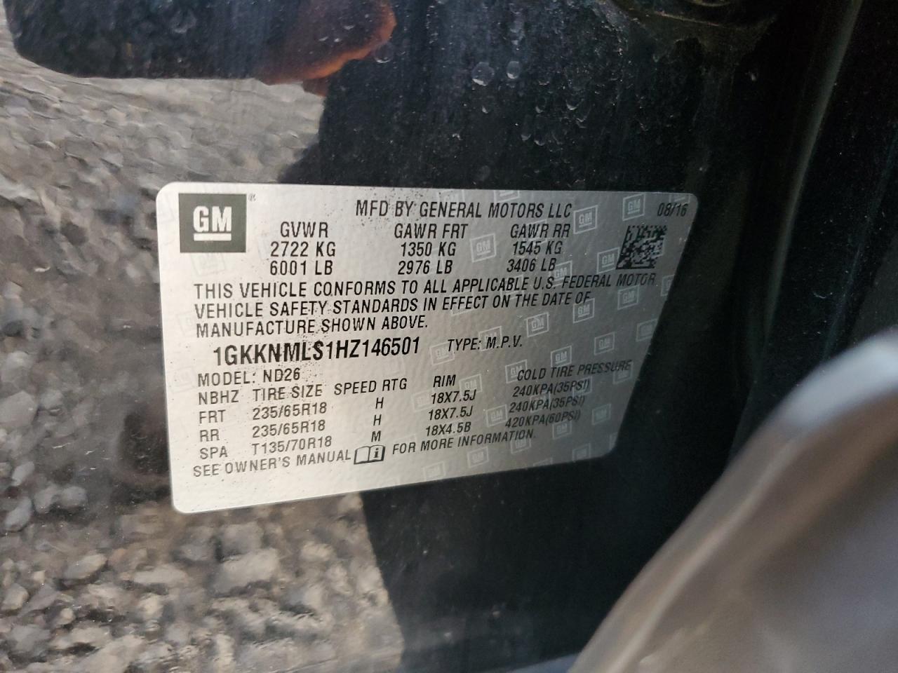 2017 GMC Acadia Slt-1 VIN: 1GKKNMLS1HZ146501 Lot: 91869135