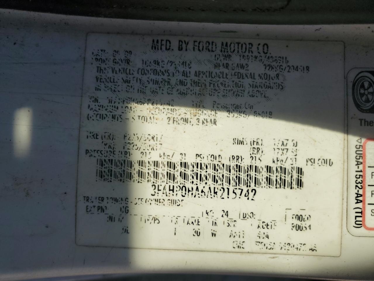 2010 Ford Fusion Se VIN: 3FAHP0HA6AR215742 Lot: 91088705