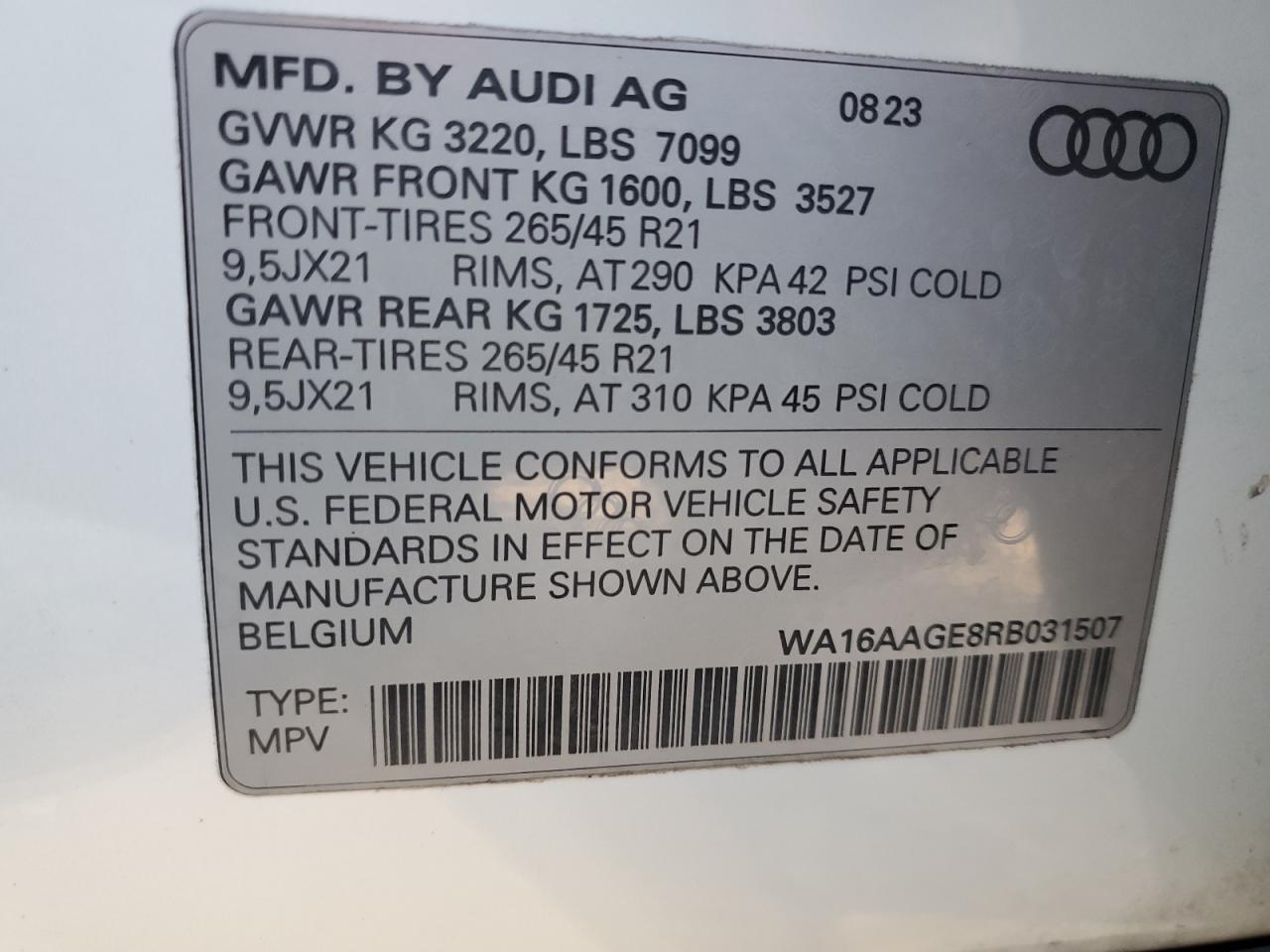 2024 Audi Q8 E-Tron Prestige VIN: WA16AAGE8RB031507 Lot: 92293195