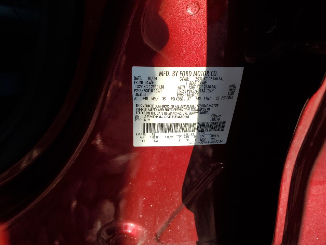 2014 Ford Edge Sel VIN: 2FMDK4JC6EBB43998 Lot: 91700875