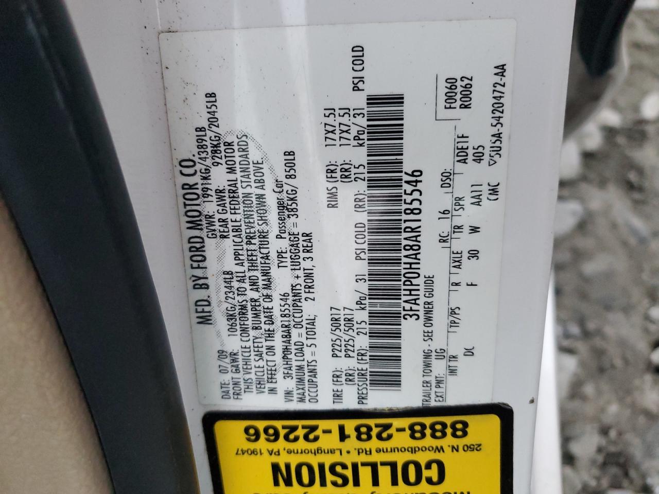 2010 Ford Fusion Se VIN: 3FAHP0HA8AR185546 Lot: 91531485