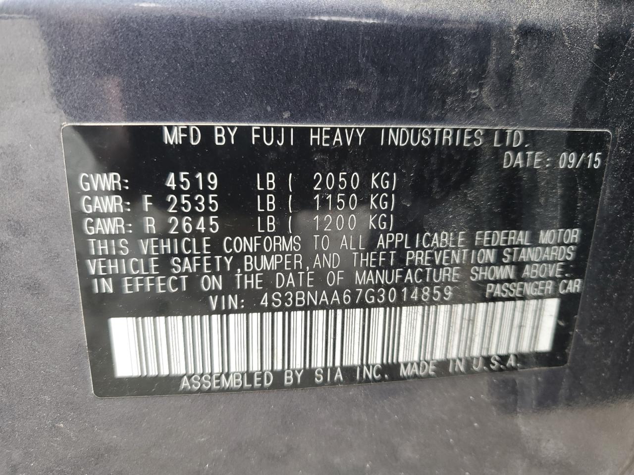 2016 Subaru Legacy 2.5I VIN: 4S3BNAA67G3014859 Lot: 91940555