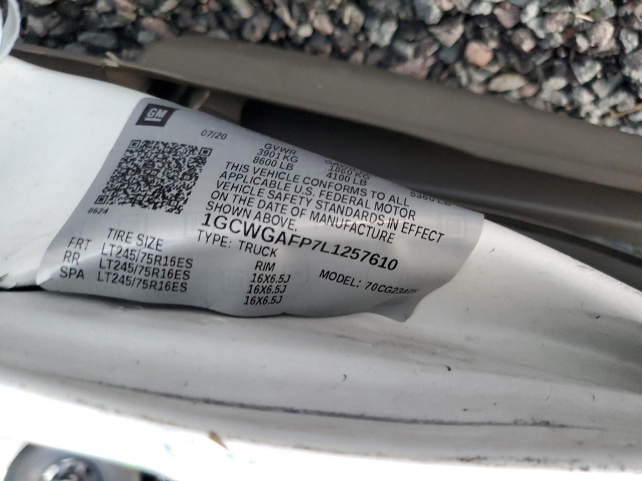 2020 Chevrolet Express G2500 VIN: 1GCWGAFP7L1257610 Lot: 90265295