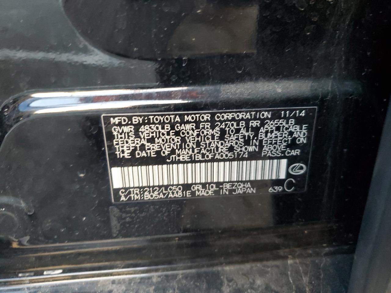 2015 Lexus Gs 350 VIN: JTHBE1BL0FA005174 Lot: 93678325