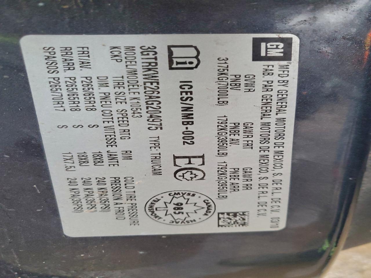 2010 GMC Sierra K1500 Slt VIN: 3GTRKWE26AG204975 Lot: 94156265