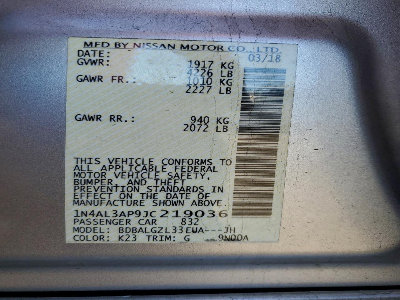 2018 Nissan Altima 2.5 VIN: 1N4AL3AP9JC219036 Lot: 94136295