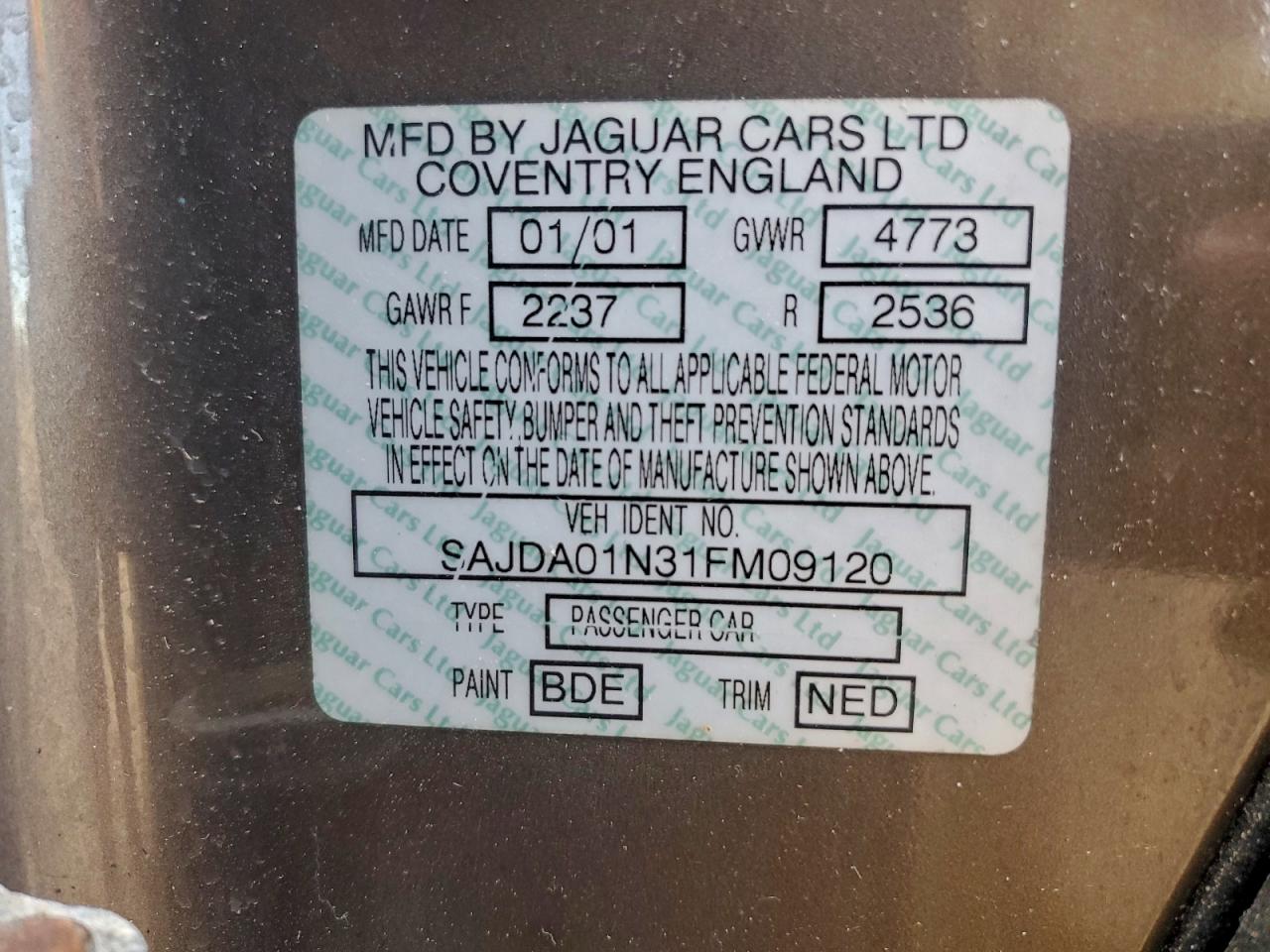 2001 Jaguar S-Type VIN: SAJDA01N31FM09120 Lot: 94686815