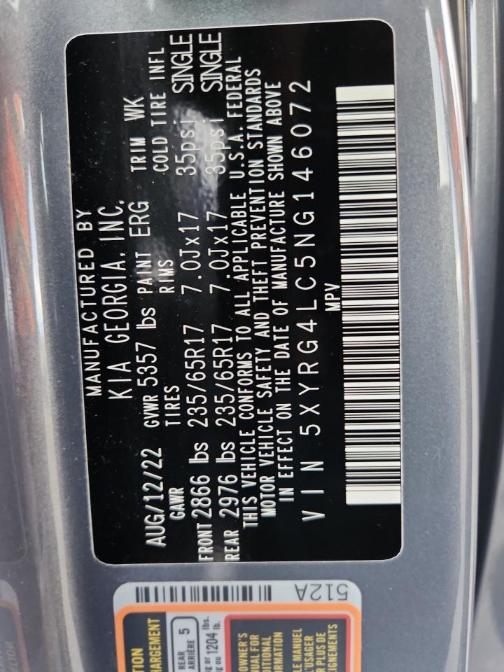 2022 Kia Sorento Lx VIN: 5XYRG4LC5NG146072 Lot: 92596305