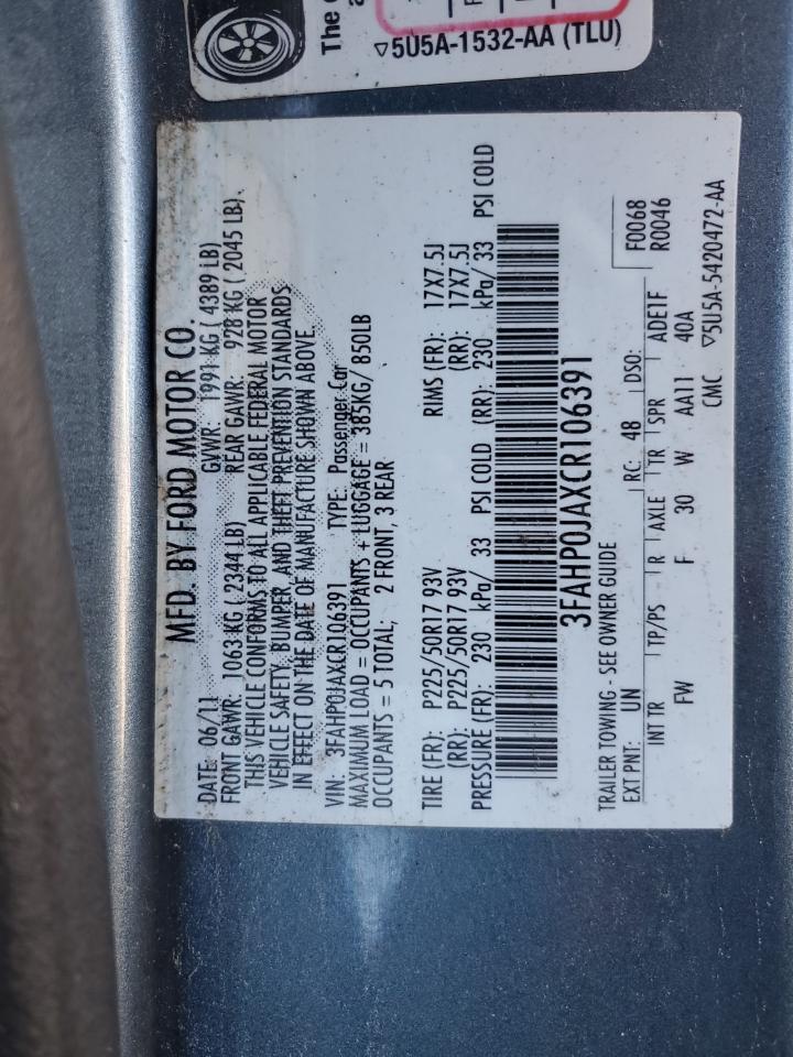 2012 Ford Fusion Sel VIN: 3FAHP0JAXCR106391 Lot: 93643405