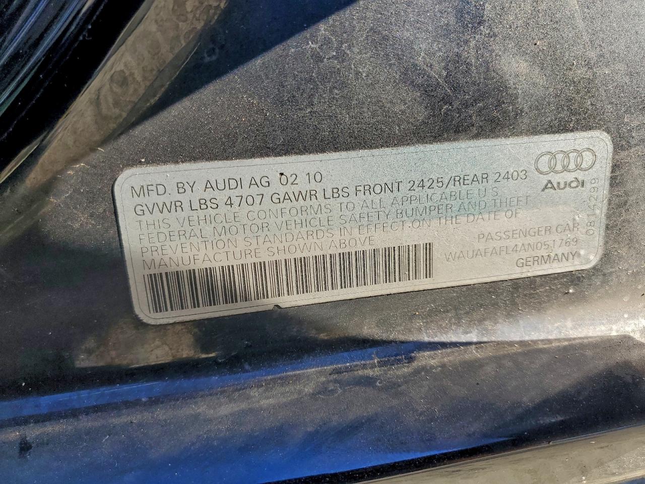 2010 Audi A4 Premium VIN: WAUAFAFL4AN051769 Lot: 94545985