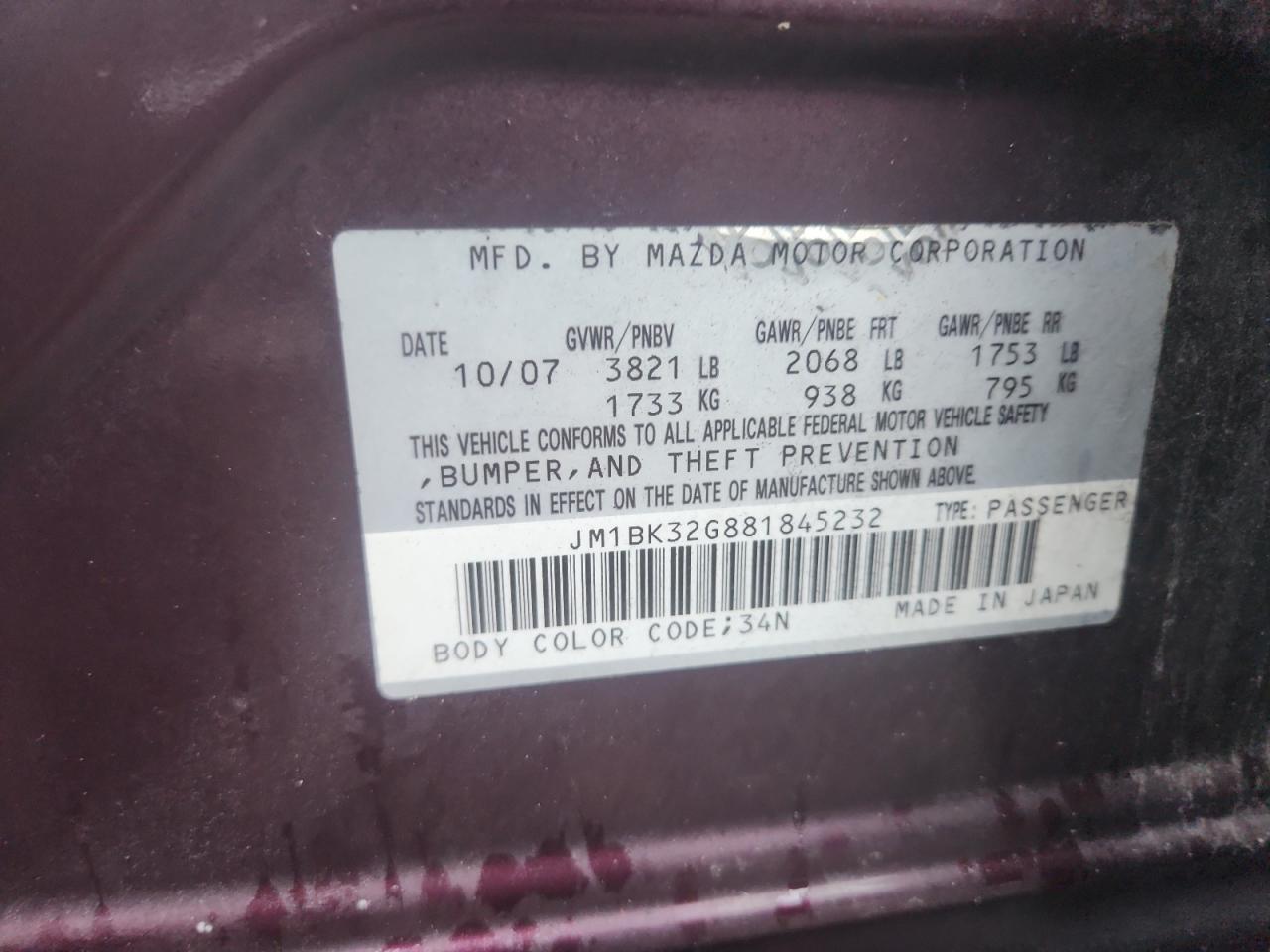 2008 Mazda 3 I VIN: JM1BK32G881845232 Lot: 86163715