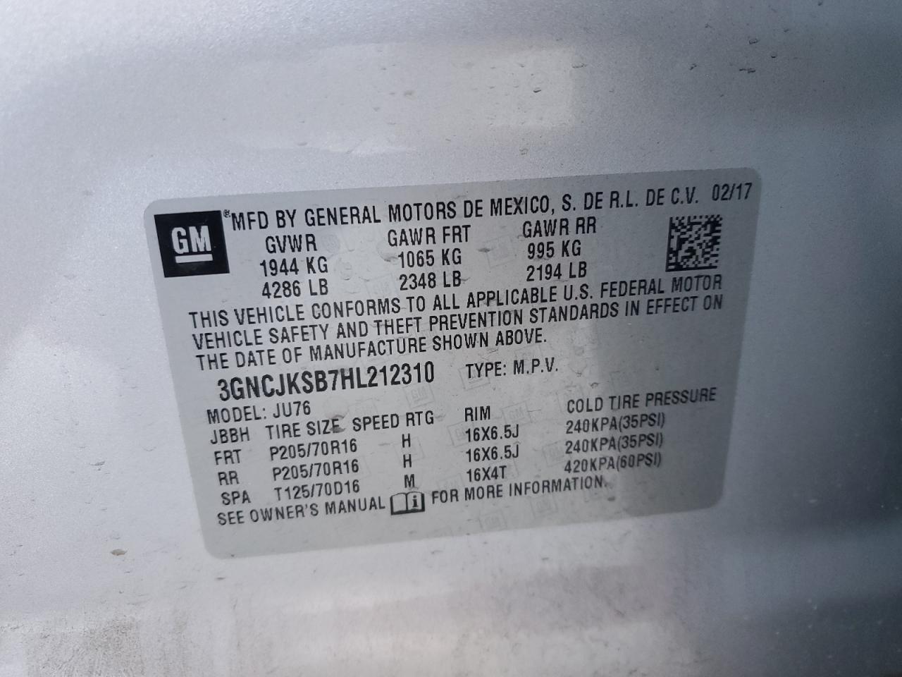 2017 Chevrolet Trax Ls VIN: 3GNCJKSB7HL212310 Lot: 92171655