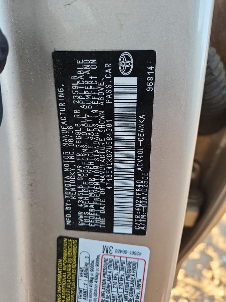 2007 Toyota Camry Ce VIN: 4T1BE46K67U584381 Lot: 92171445