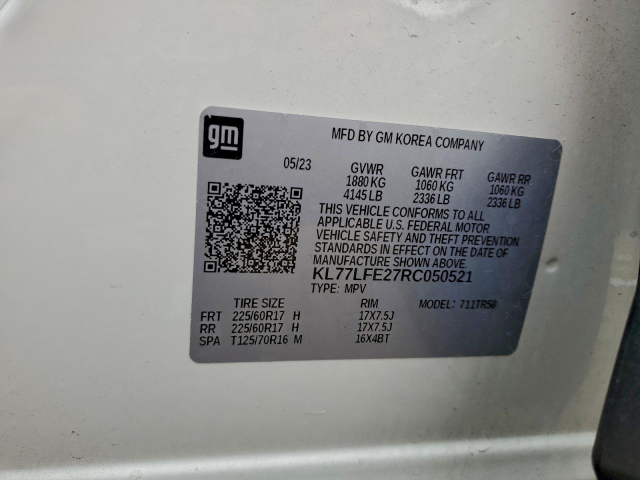 2024 Chevrolet Trax Ls VIN: KL77LFE27RC050521 Lot: 93720675