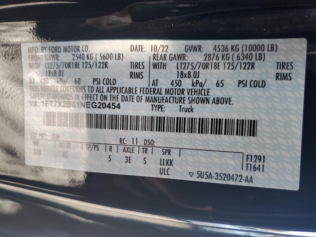 2022 Ford F250 Super Duty VIN: 1FT7X2B61NEG20454 Lot: 91406155