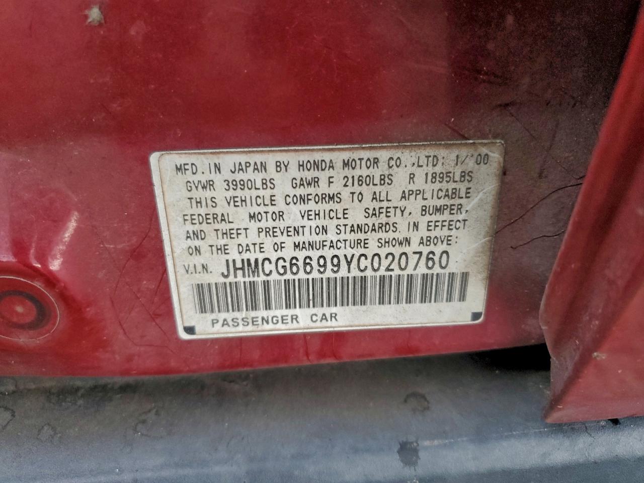 2000 Honda Accord Se VIN: JHMCG6699YC020760 Lot: 94357415