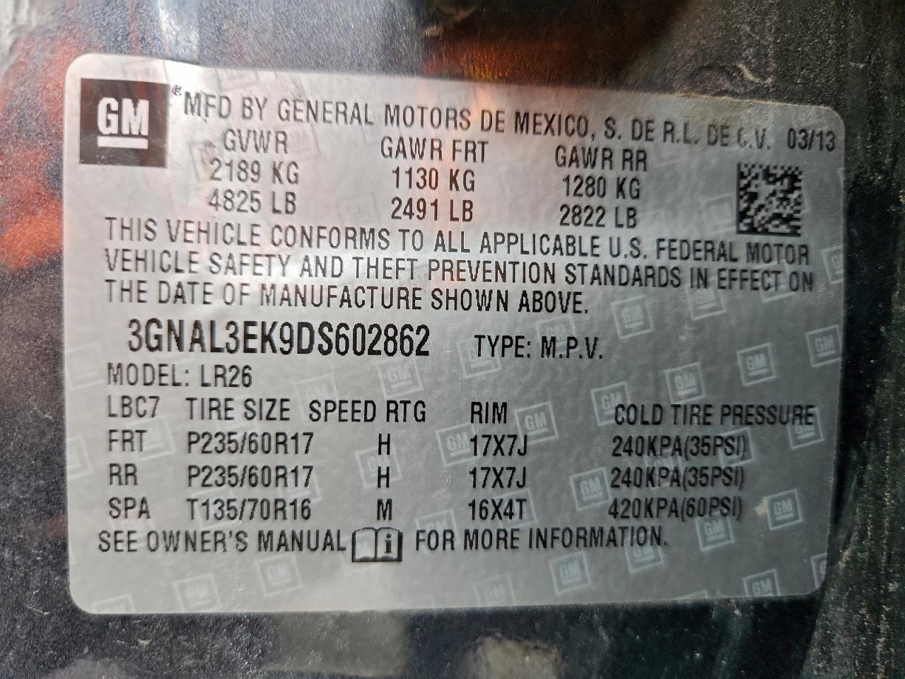 2013 Chevrolet Captiva Lt VIN: 3GNAL3EK9DS602862 Lot: 93041445